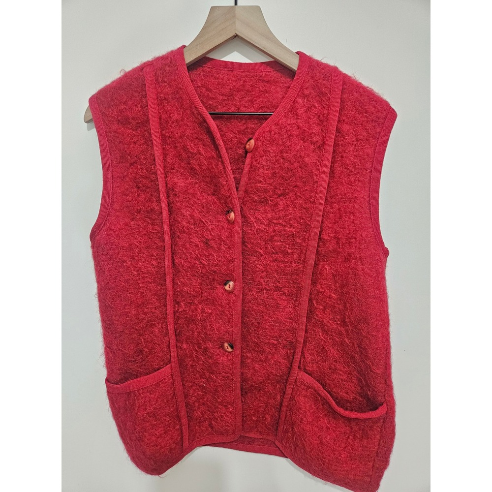 Vintage Red Mohair Wool Blend Knit Vest Button Front Shaggy Cardigan Sleeveless